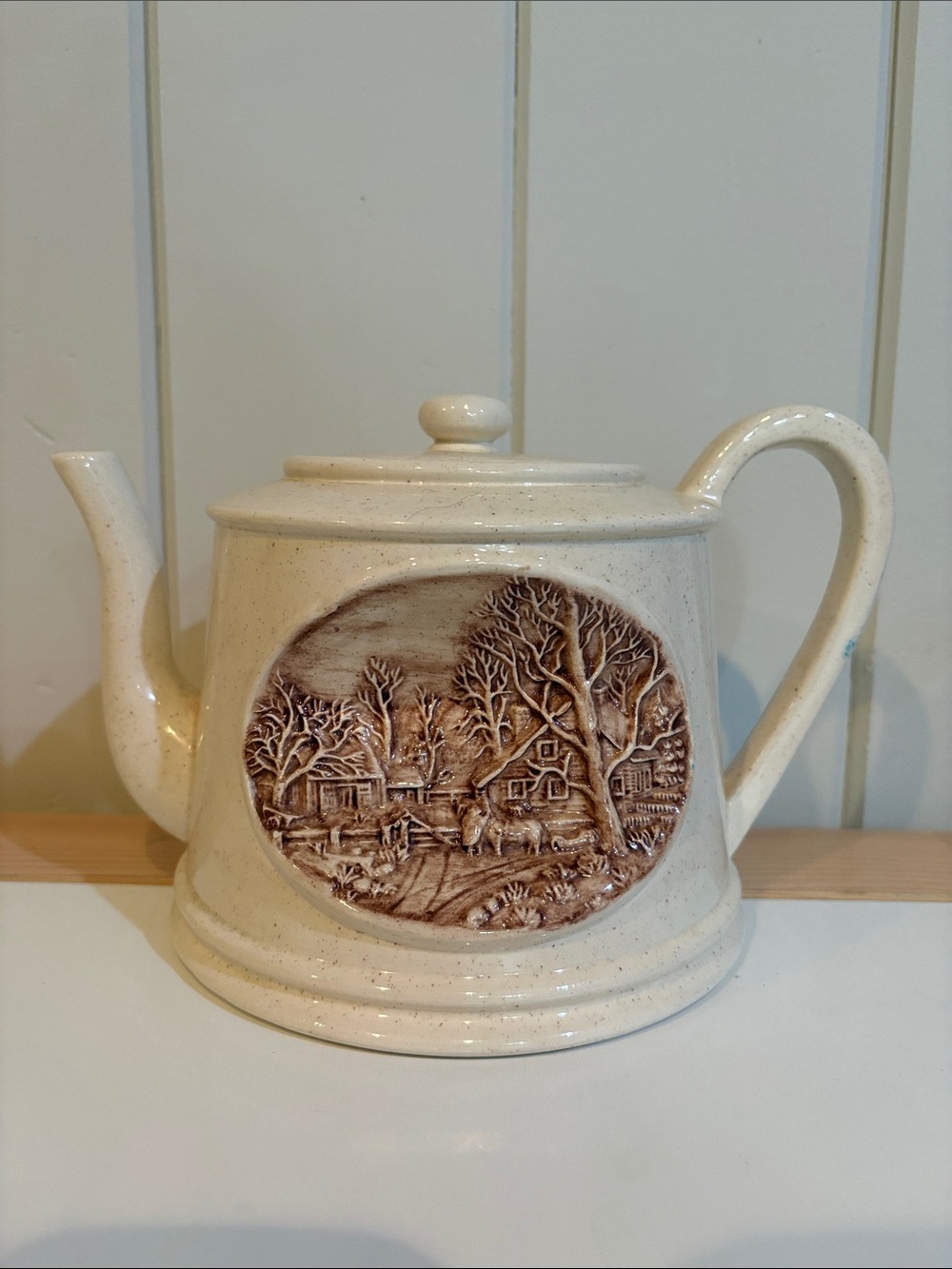 Vintage Stoneware Teapot – Raised Country Village Cottage Scene – Marked CZ